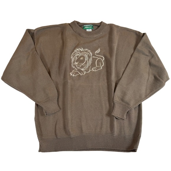 Coldwater Creek Sweaters - Vtg Lion Sweater XL Brown Cotton Knit Embroidered USA Safari Grunge Jumper